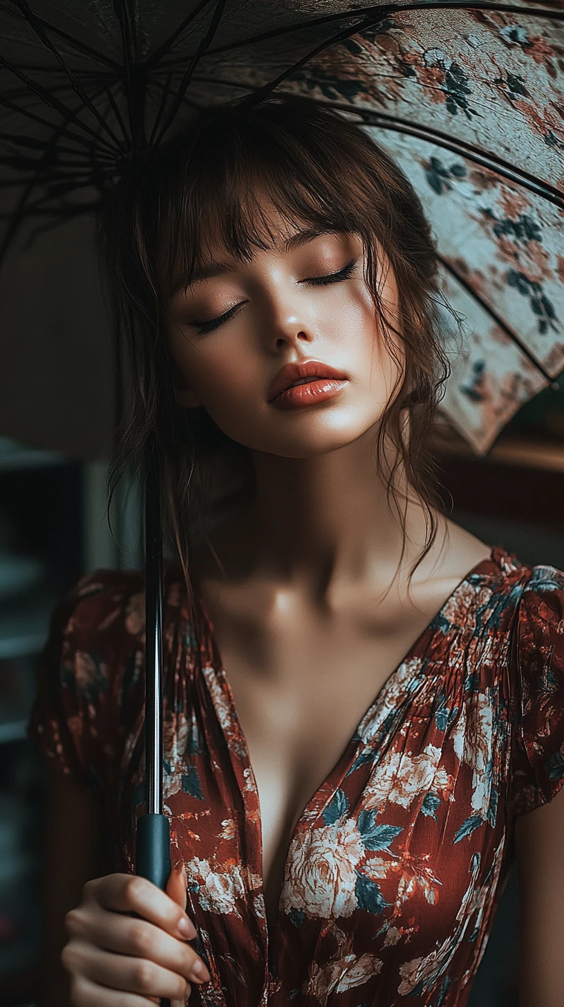 Calm woman holding an umbrella inside a cozy home