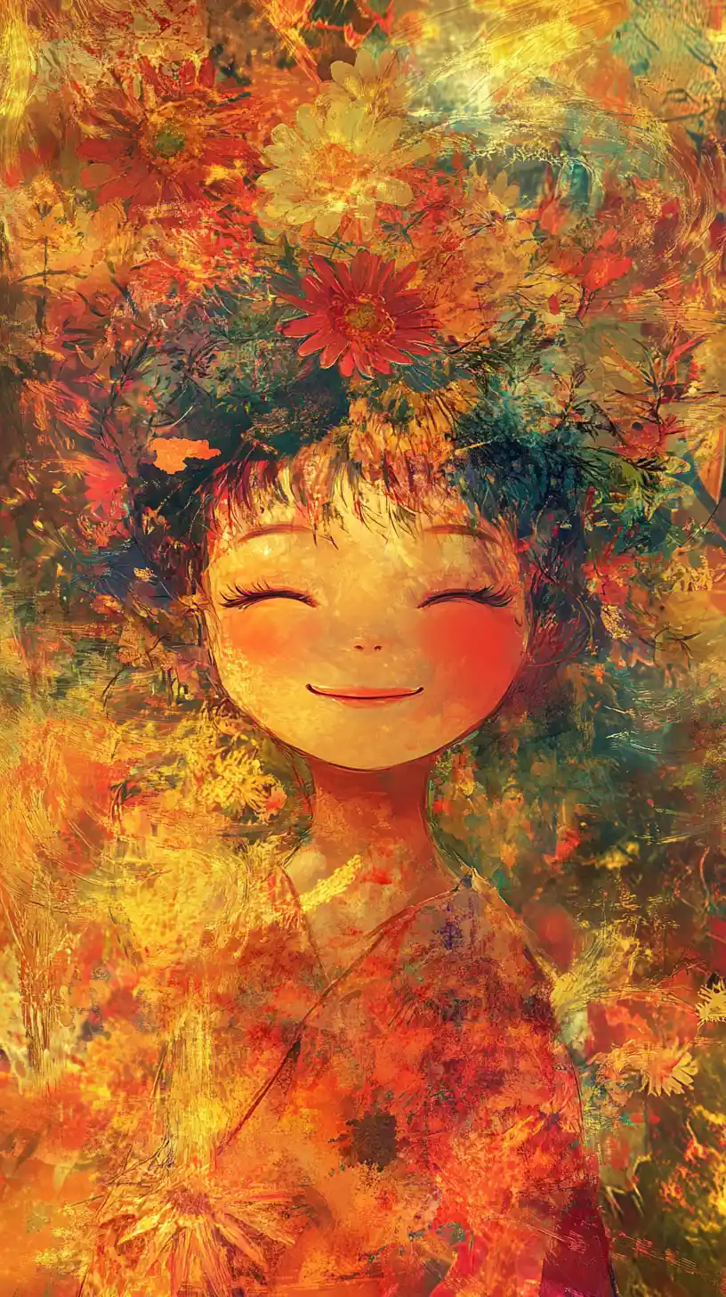 Girl in traditional doll outfit among vibrant flowers