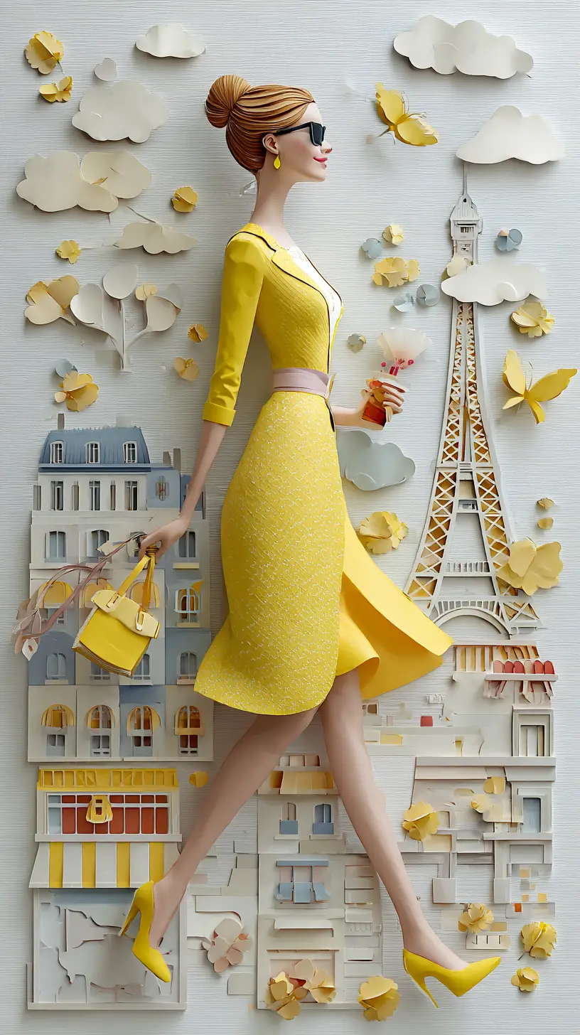 Parisian paper cut art of a stylish full body woman