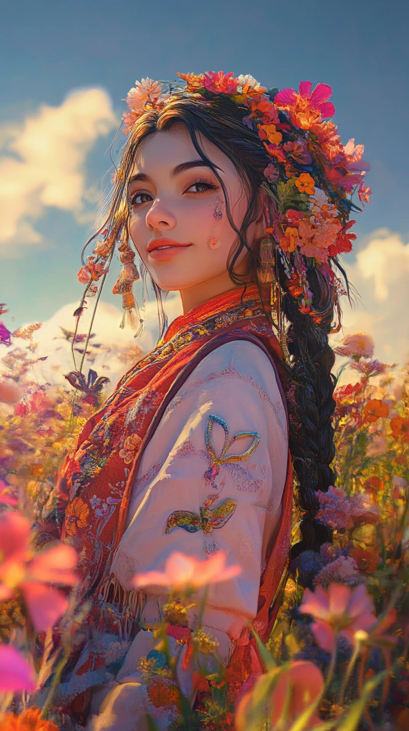 Smiling woman in traditional outfit amid colorful flowers