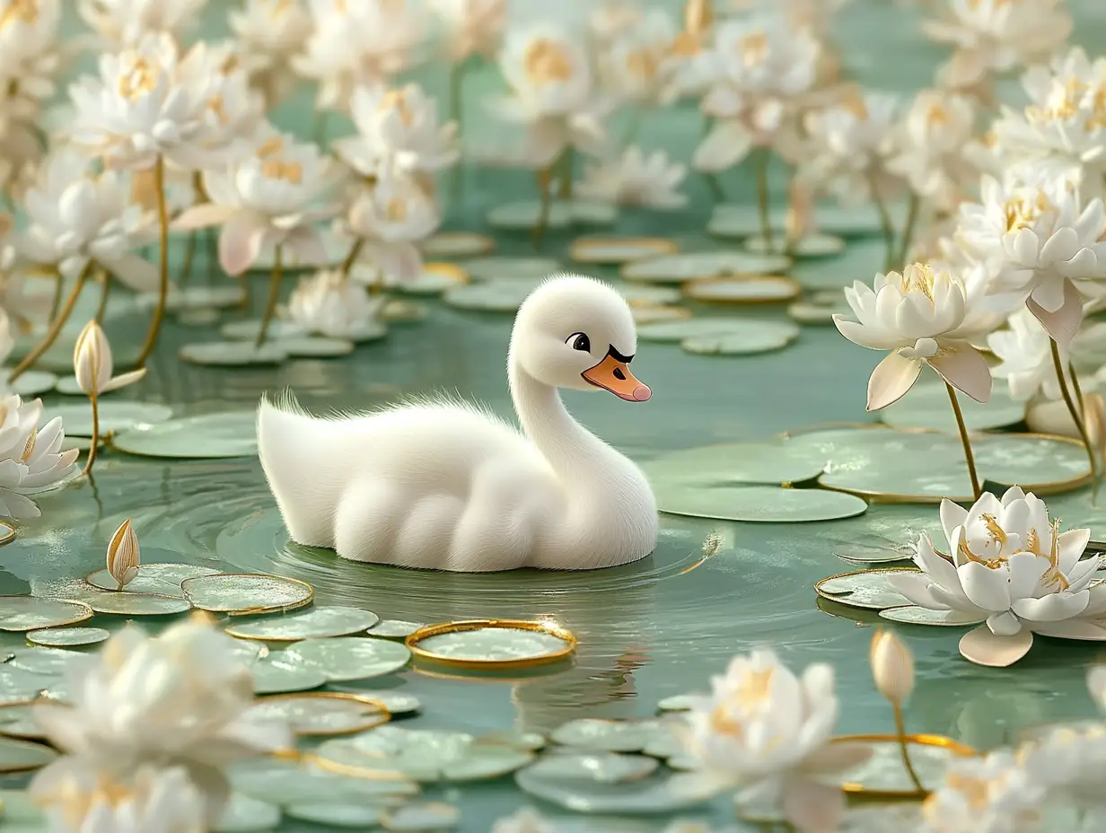 Baby swan gliding on a serene lily pad pond