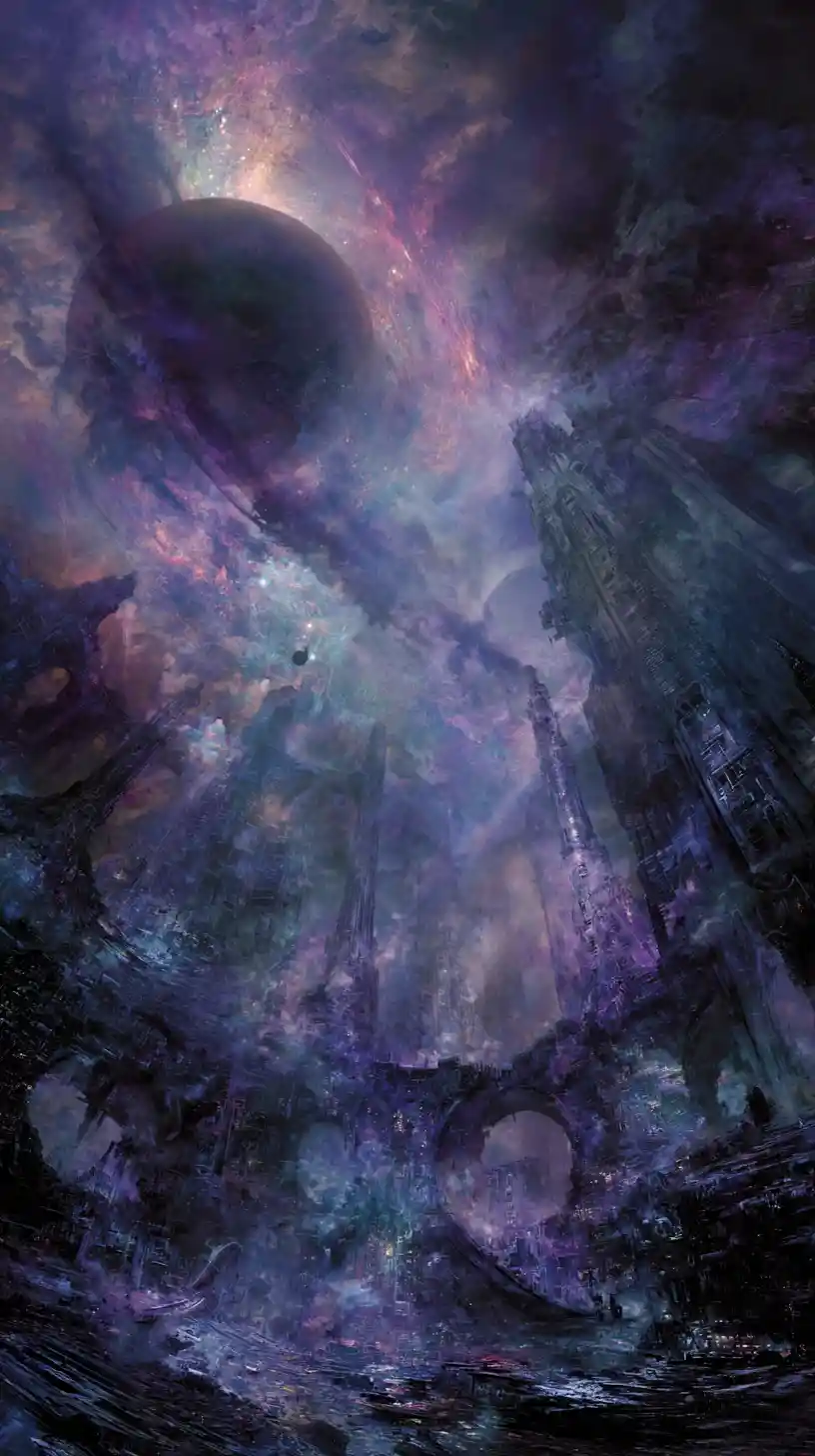 Visão alienígena cyberpunk surreal que funde ilusões celestiais