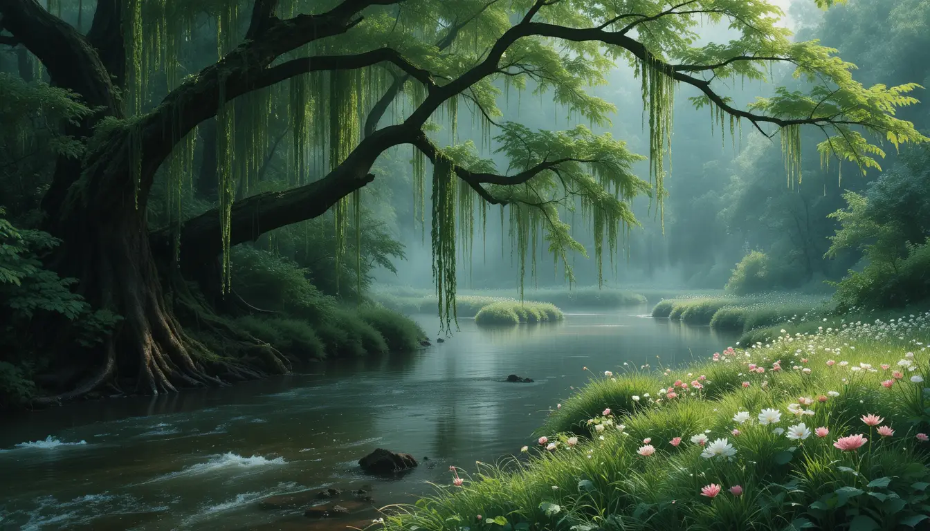 Misty forest river winding through lush green vegetation