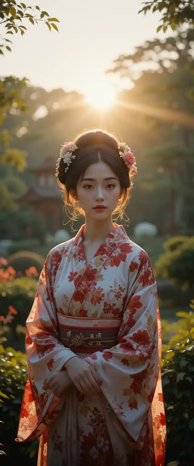 고요한 정원 속 우아한 기모노 차림의 일본 여성