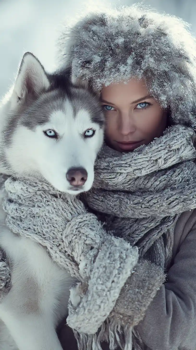 Elegant woman walking her husky on a winter morning