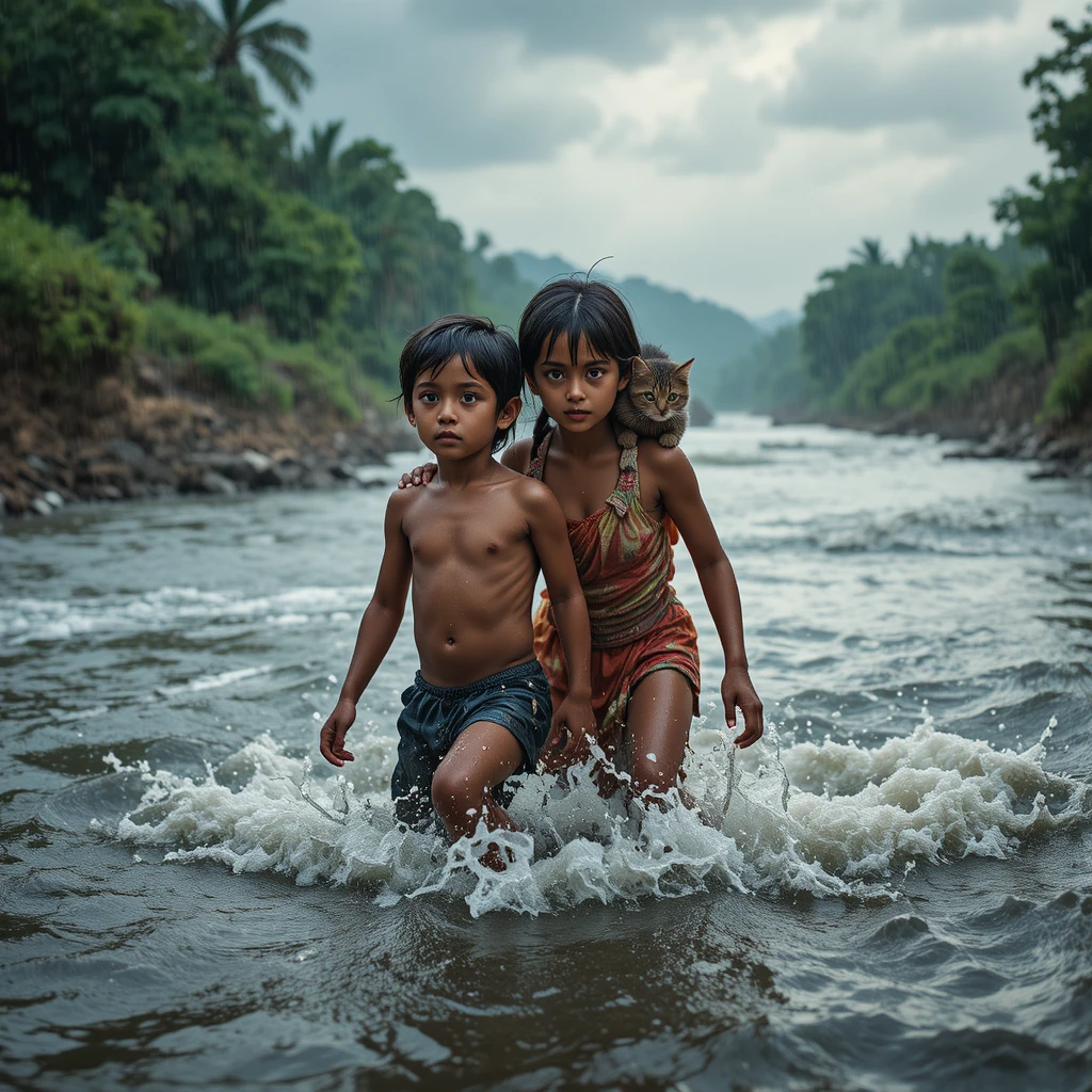 Niños cruzando un río caudaloso con mascotas durante el monzón