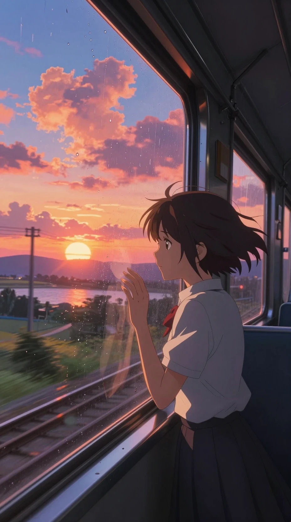 Studentessa che guarda da sola il tramonto dal finestrino del treno