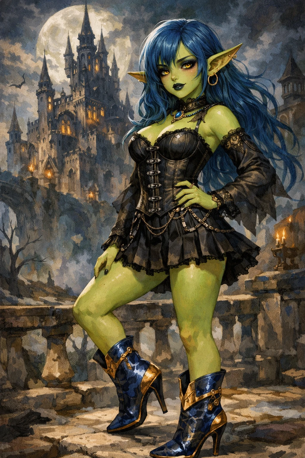 Chica goblin de anime con corsé gótico frente a castillo de fantasía