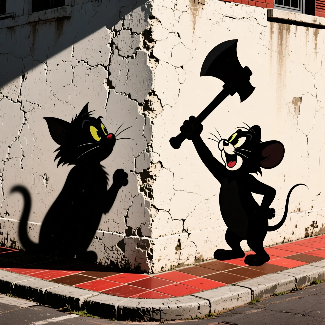 Sombras de gato y ratón de dibujos animados en una esquina callejera divertida