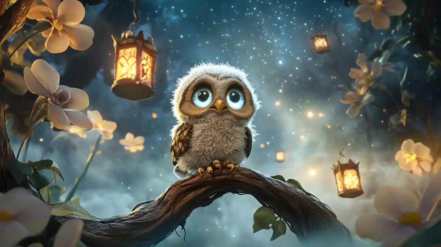 Baby owl perched on a branch in a foggy enchanted forest