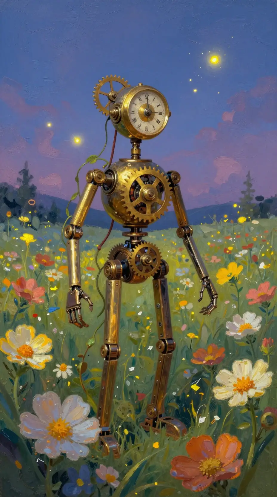 Automate à ressort parmi des fleurs sauvages lumineuses au crépuscule