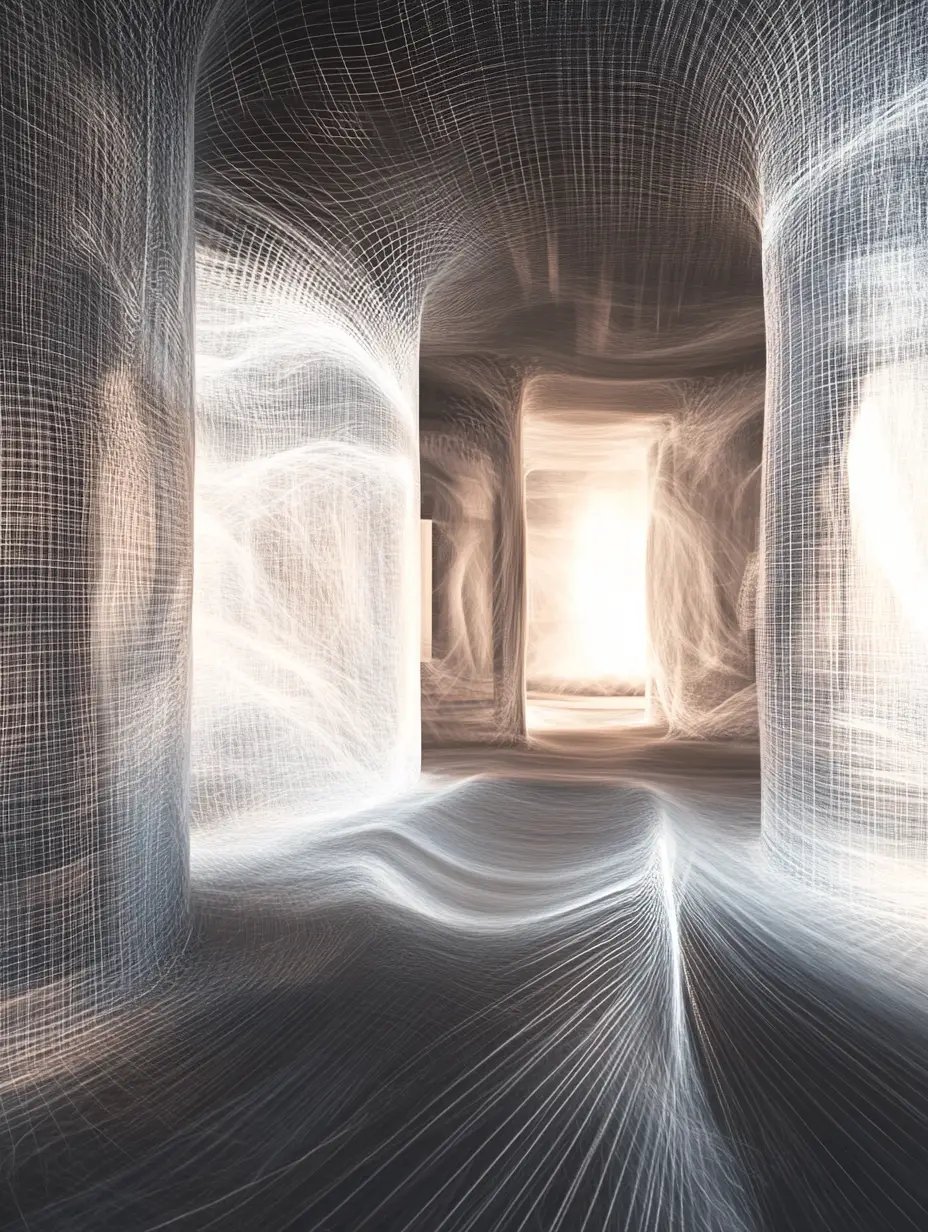 Abstract visualization of a fragmented computational consciousness field
