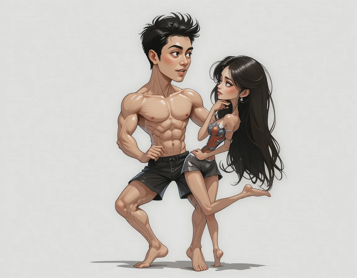 Minimal digital drawing of nude athletic asian couple