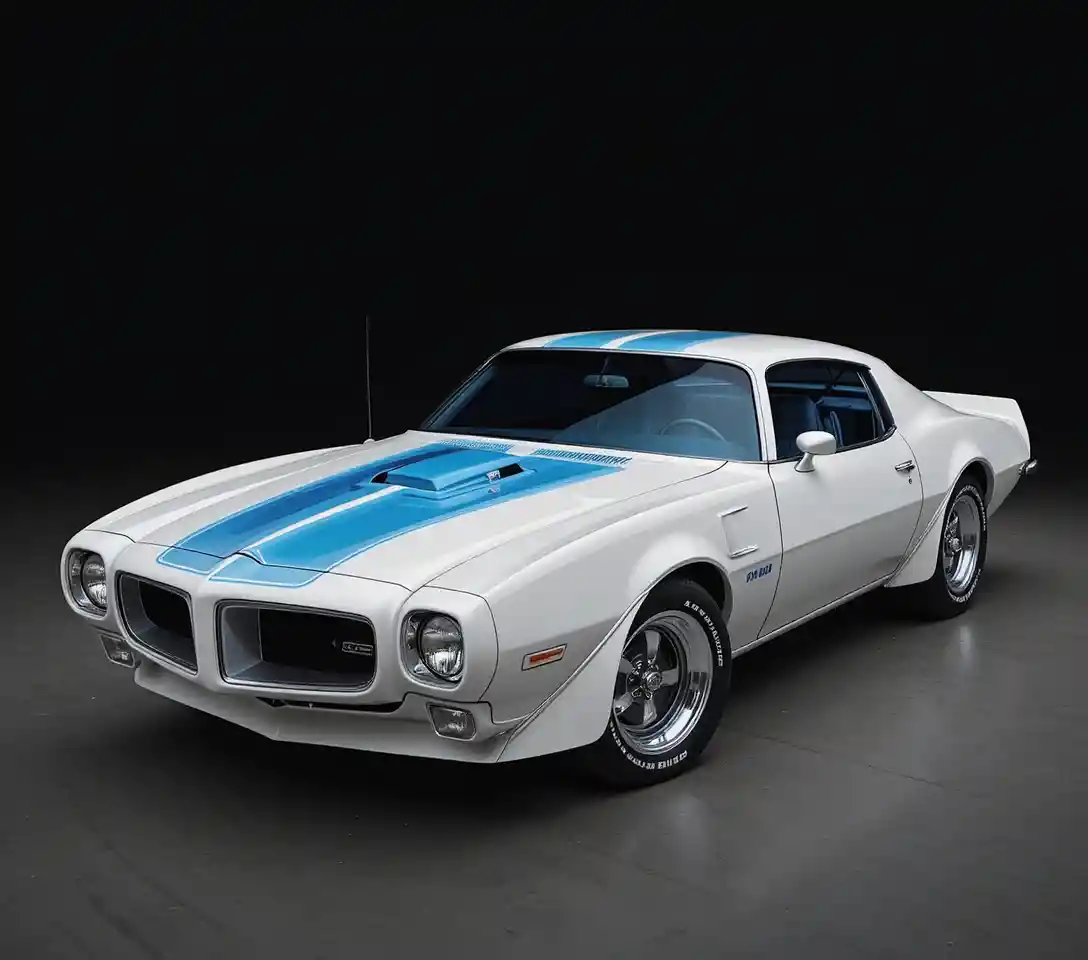 White classic muscle car with blue hood stripes on black