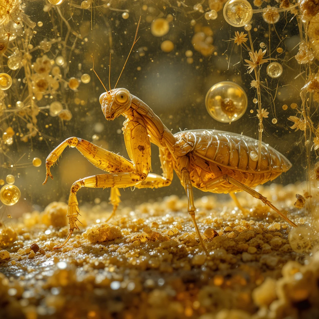 Praying mantis preserved in glowing amber close up