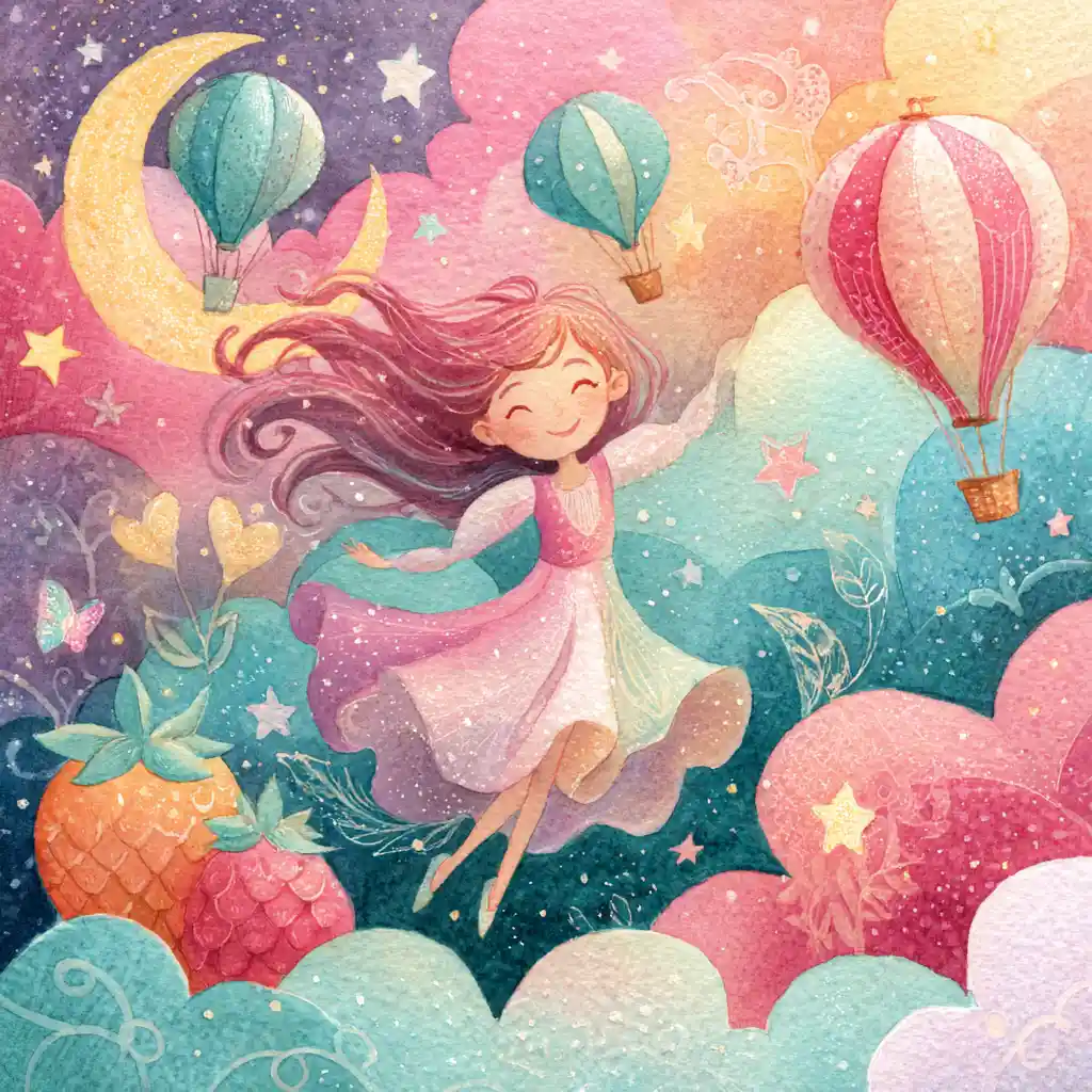 Smiling Little Girl Floating In A Dreamy Sky