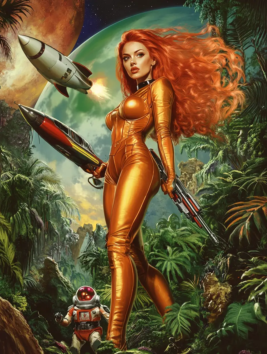 Retro space woman with ray gun on jungle planet