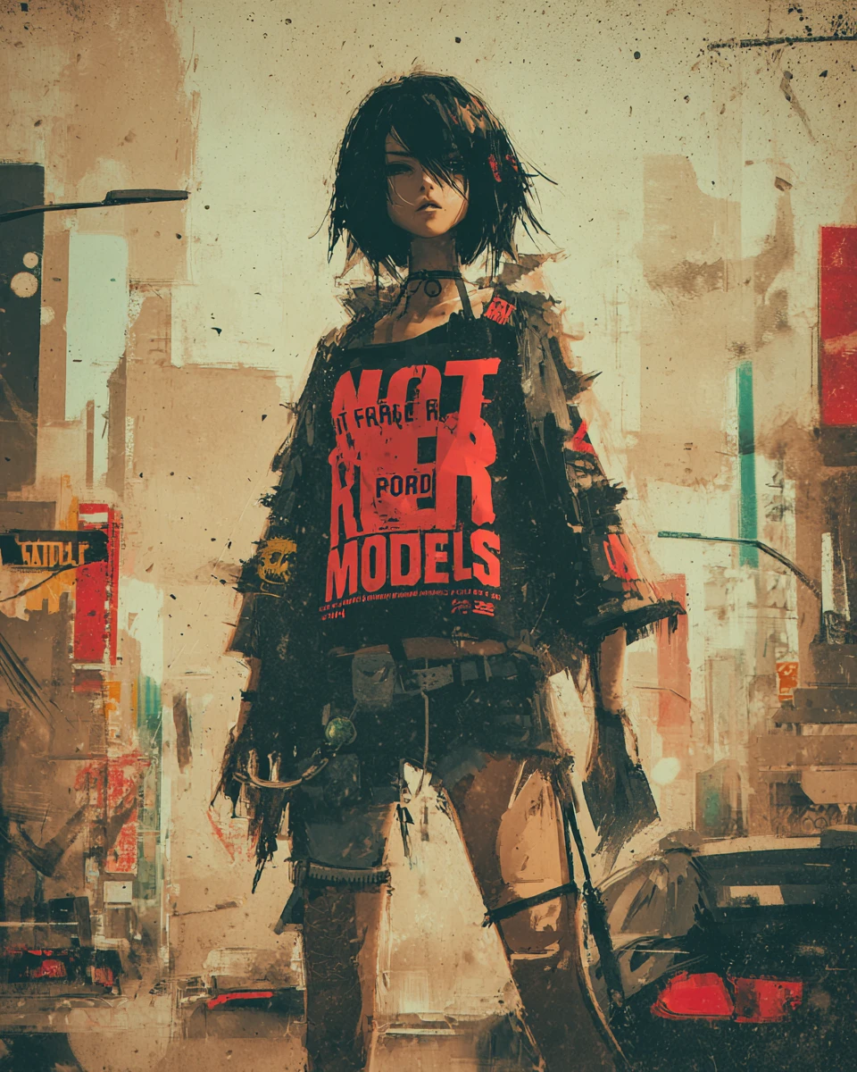 Young woman on a faded city street at dusk