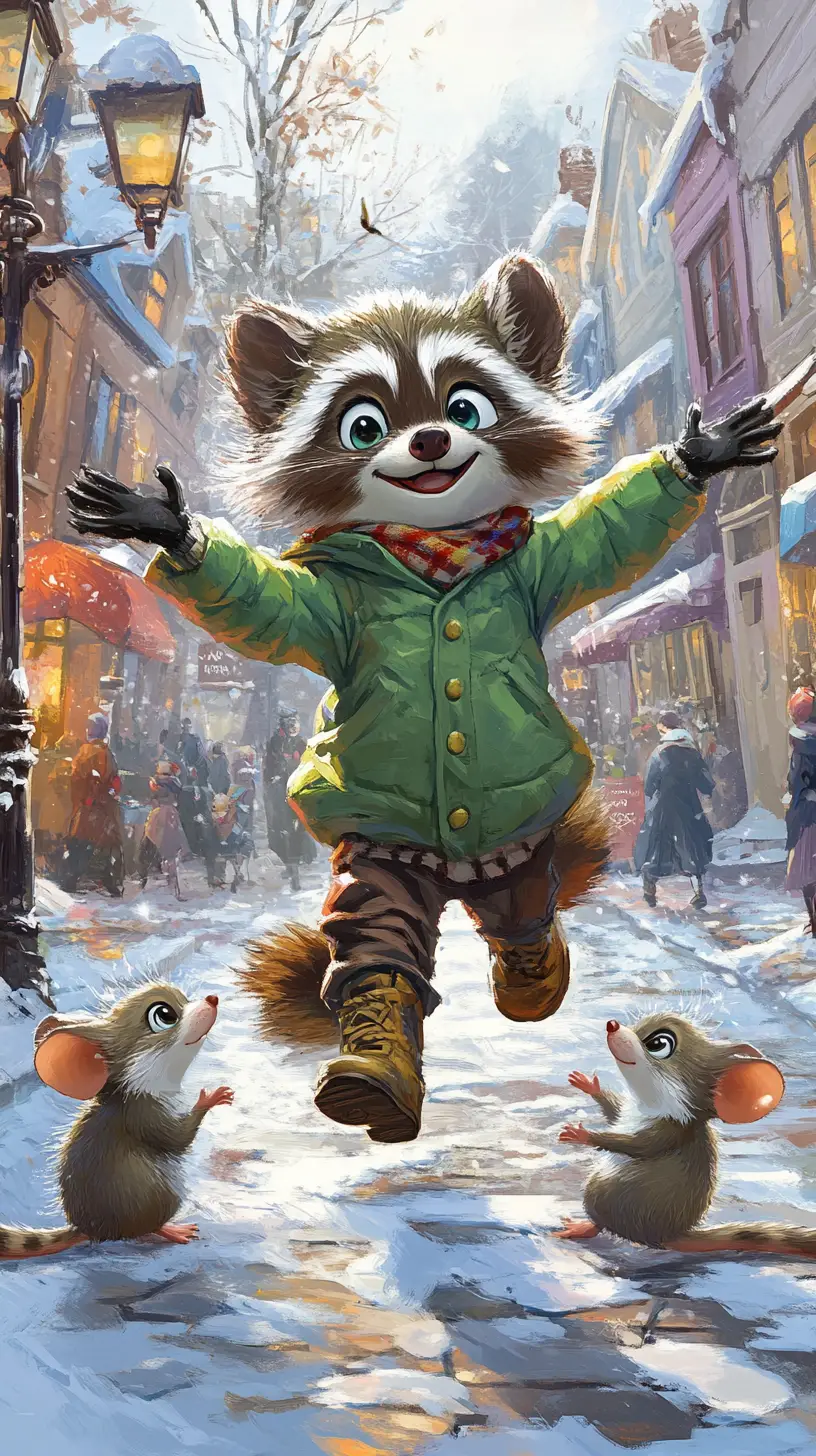 Cheerful young raccoon in green jacket on snowy street
