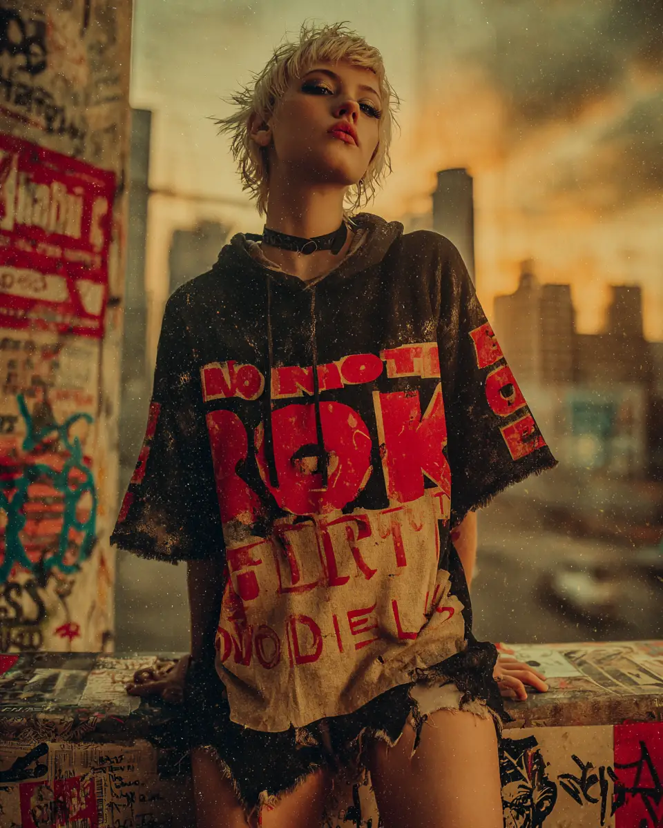 Young woman on gritty city street at smoky dusk