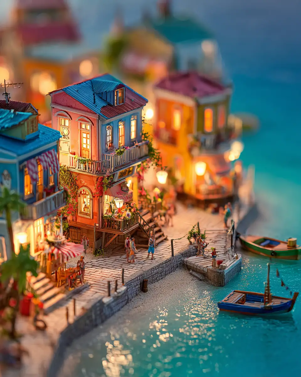 Tropical beach resort city at sunset with tilt shift view