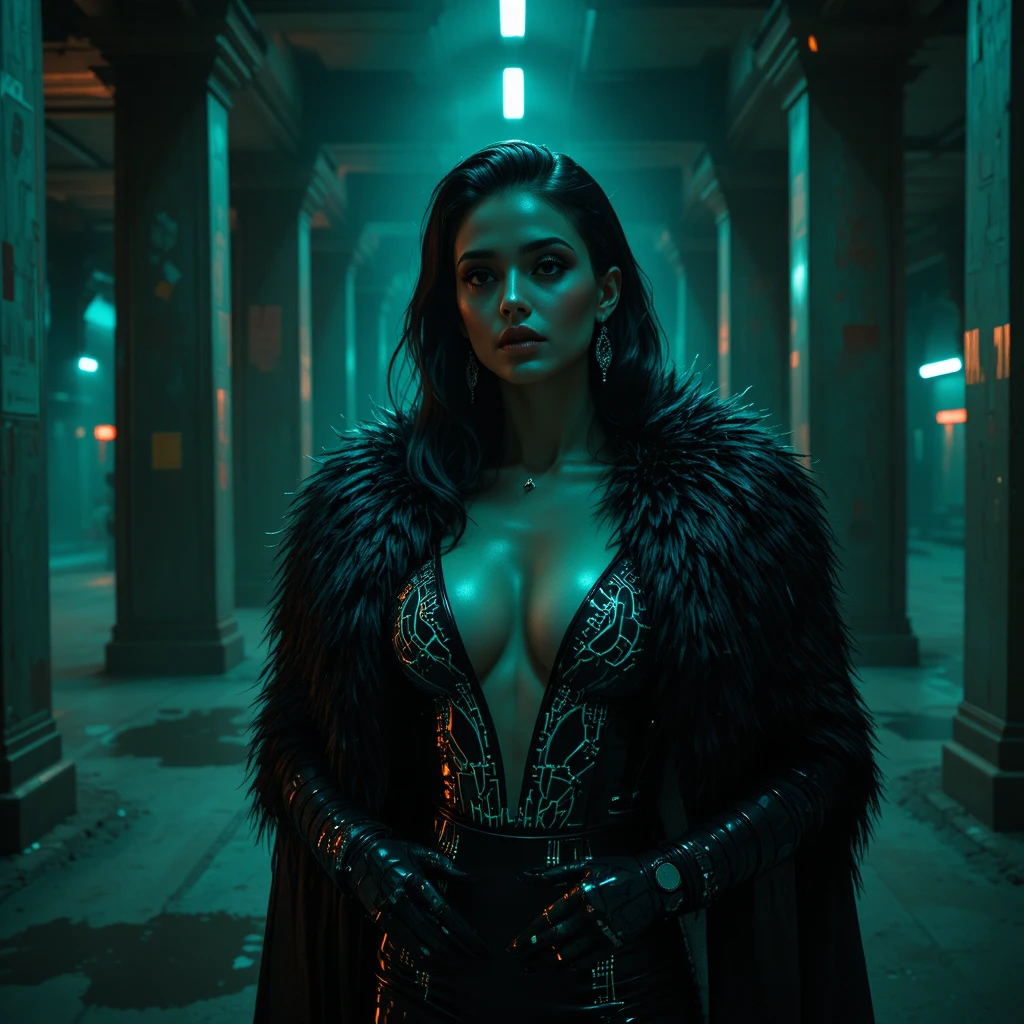 Femme fatale cyberpunk en estación subterránea brutalista