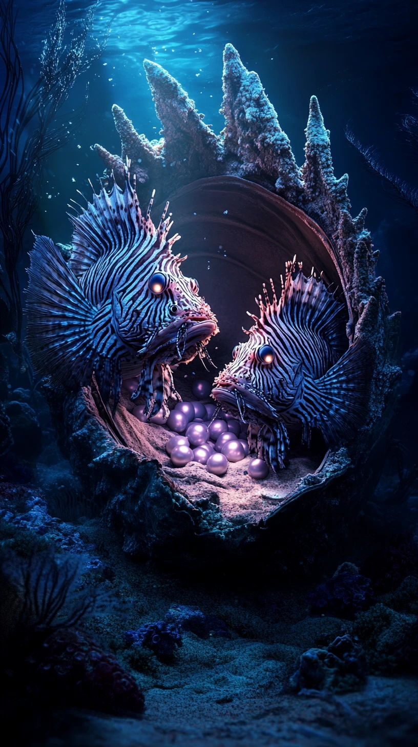 Peces León Escalofriantes en un Trono de Almeja Gótica Brillante Bajo el Agua
