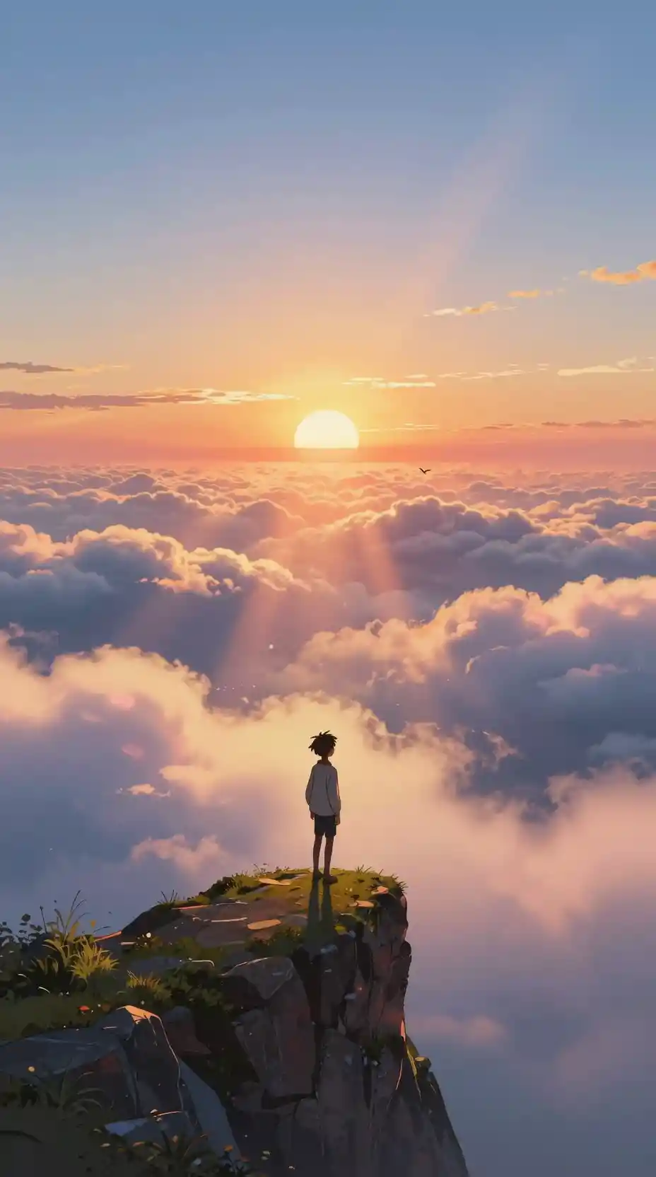Chico de anime en un acantilado al amanecer sobre nubes brillantes