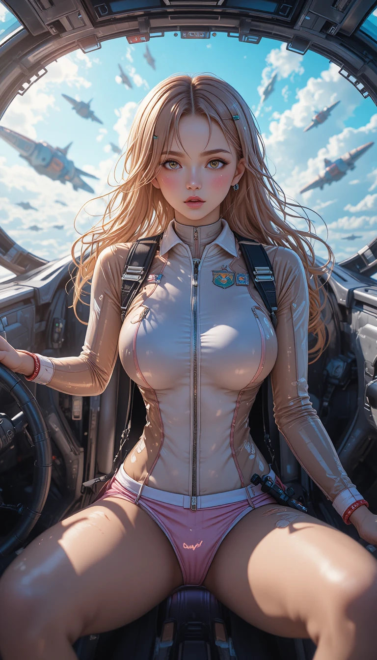 Anime pilot woman in car cockpit above the clouds