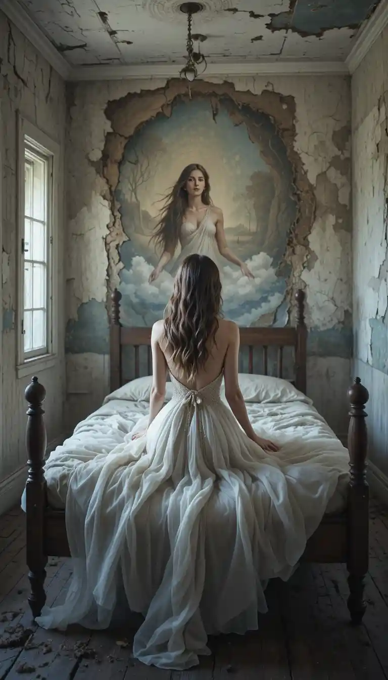 Woman on rickety bed gazing at mystical wall mural