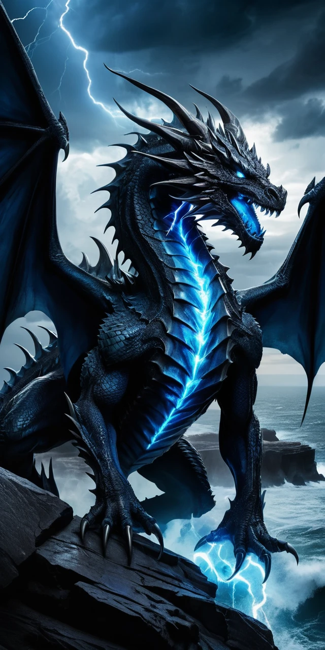 Black hellish dragon over stormy ocean cliff