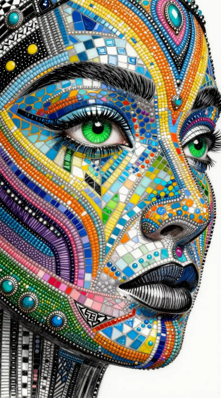 Close extremo de rosto humano em mosaico com olho verde vibrante