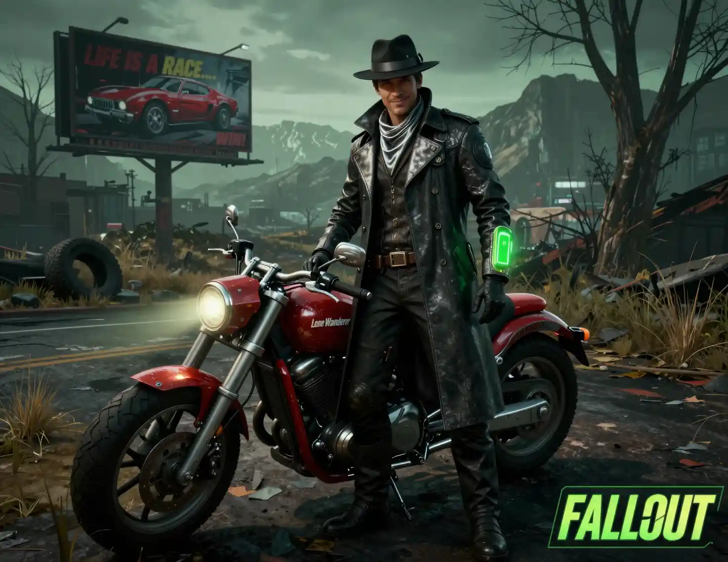 Sci fi detective with motorcycle in ruined wasteland