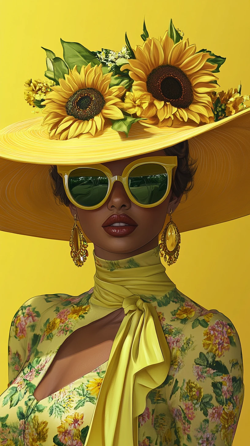 Mujer elegante con sombrero amarillo y moda floral llamativa