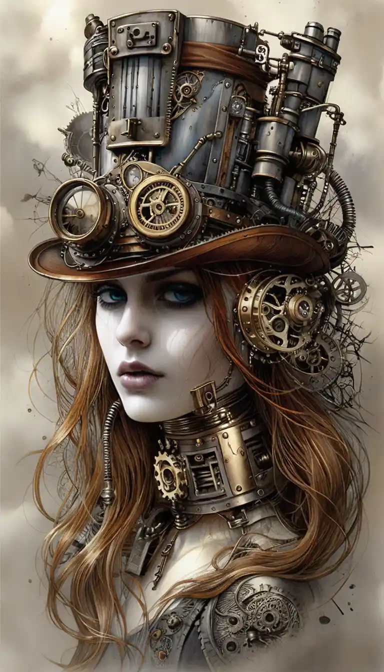Steampunk woman with mechanical body and ornate top hat