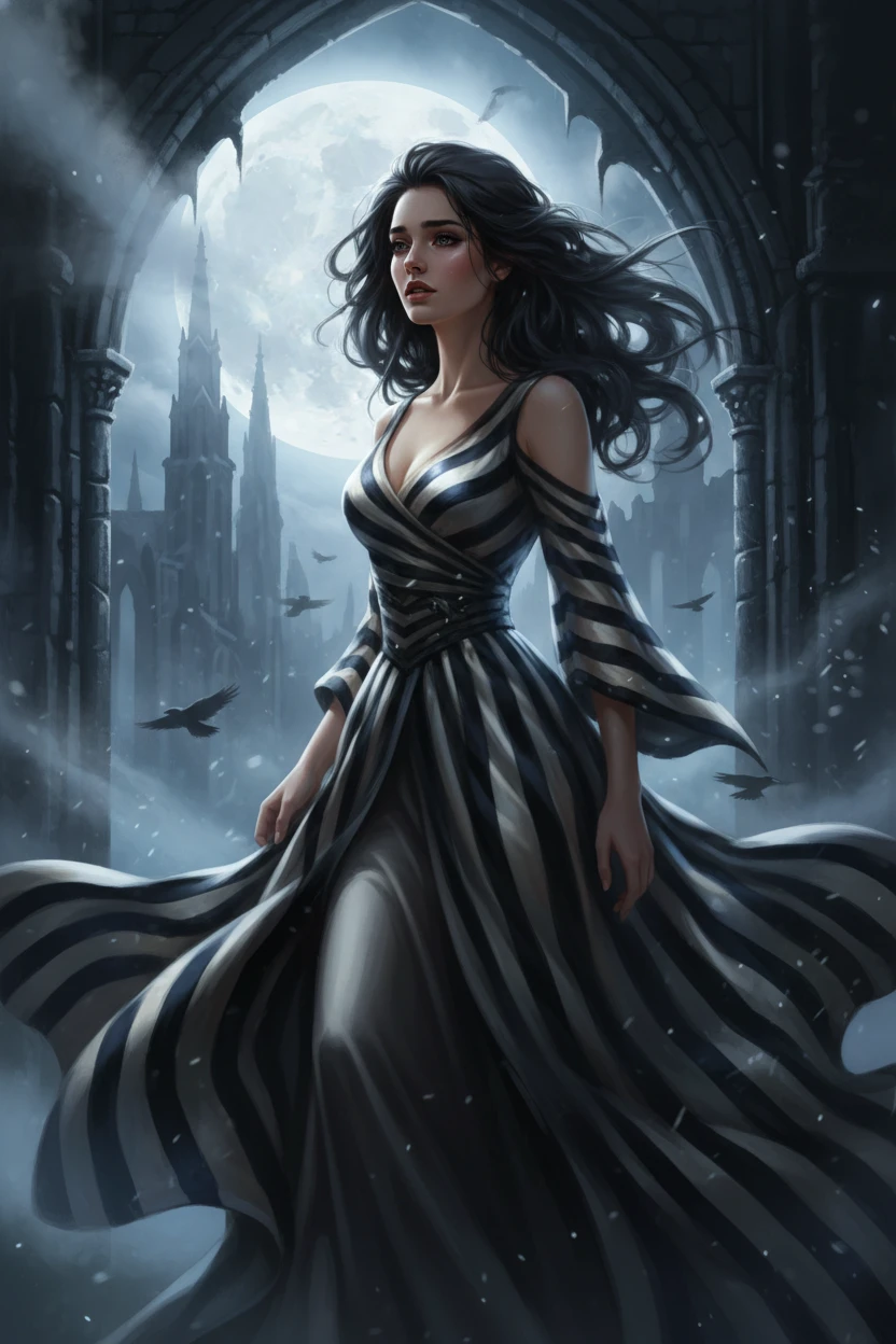 Young woman in striped dress under gothic moonlit arches