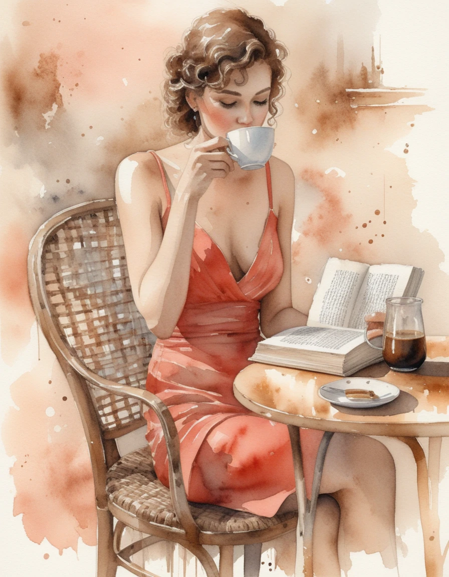 Woman reading at a cafe table in watercolor style