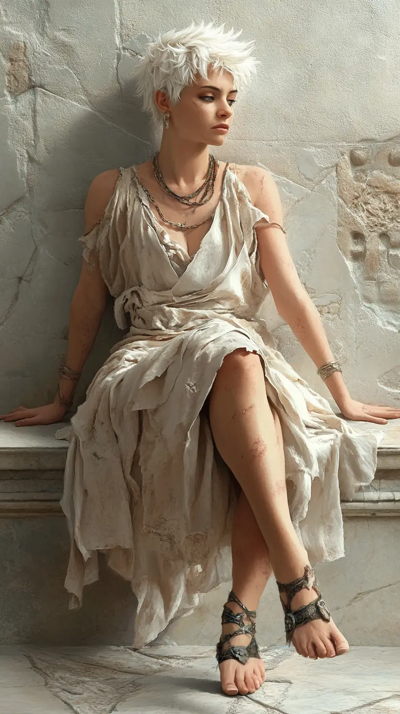 Pensive woman in torn dress in ancient roman interior
