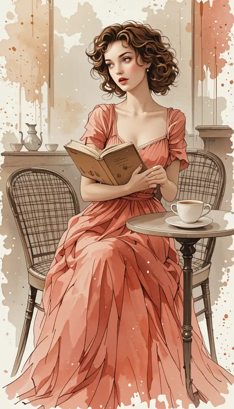 Donna ad acquerello che legge da sola a un tranquillo tavolino di caffè