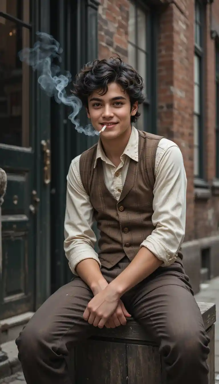 Grinning teenage street boy outside an old New York building