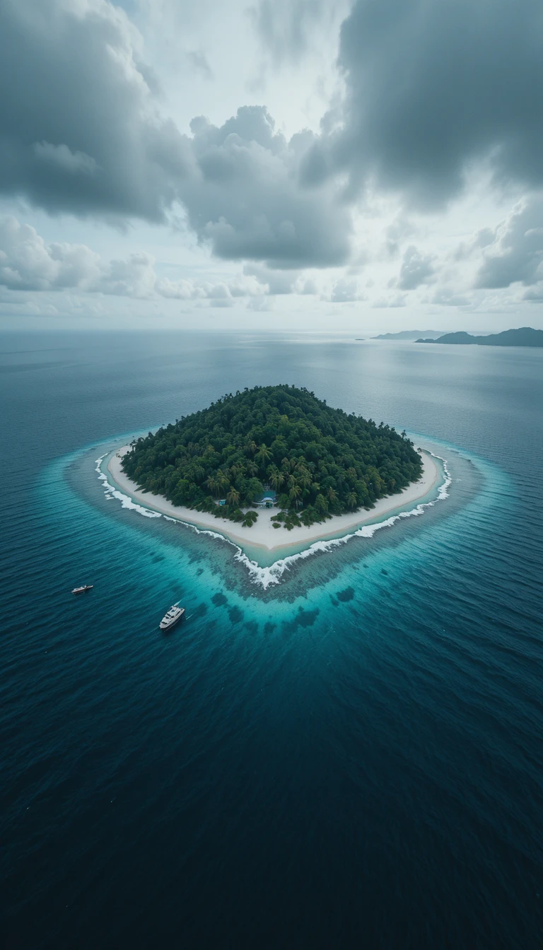 Lonely tropical island surrounded by endless open ocean