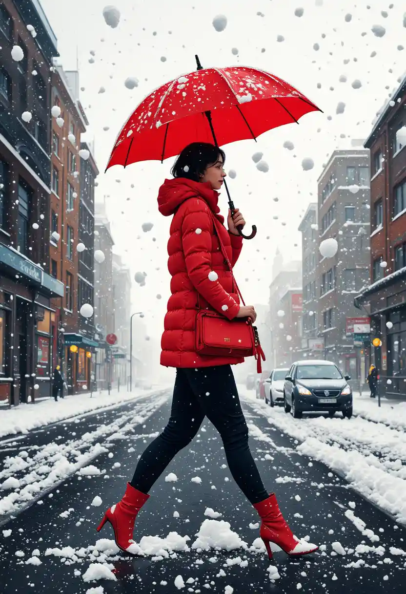 Woman with red umbrella walking alone in snowy city