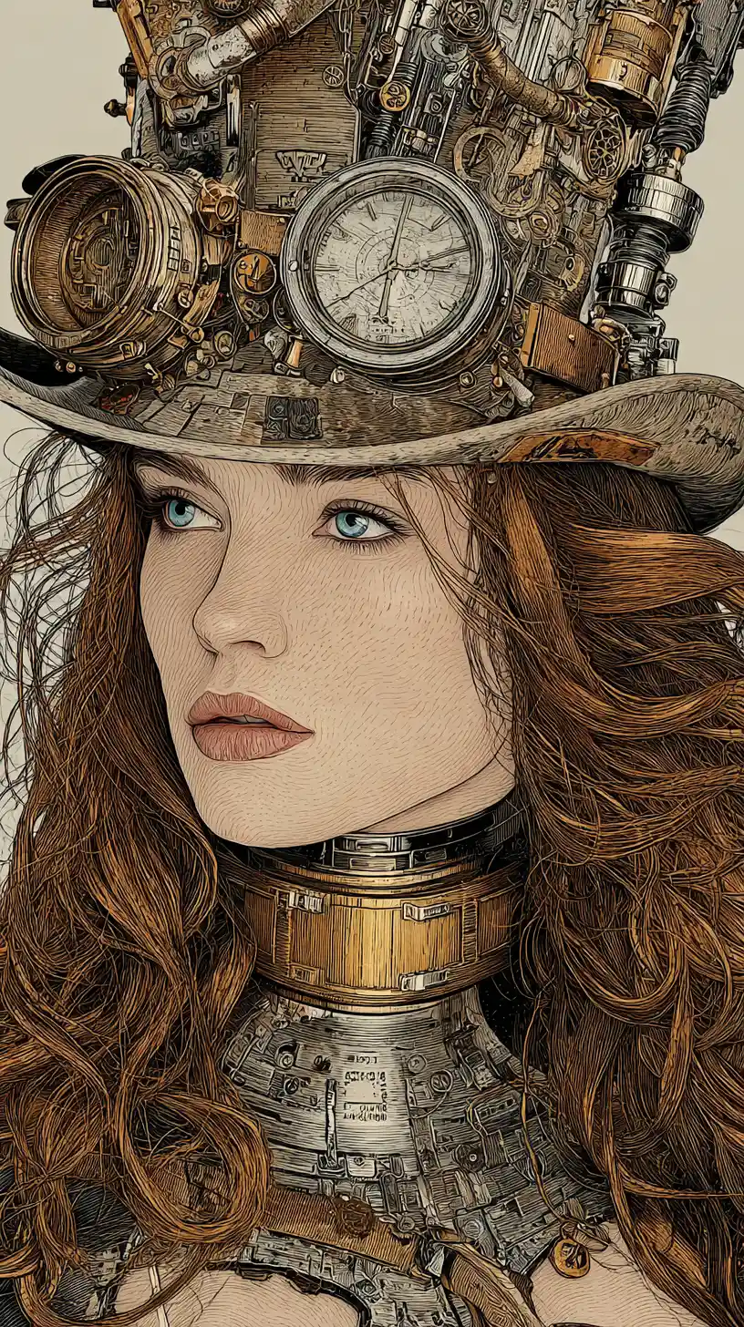 Femme steampunk au corps mécanique et haut-de-forme orné
