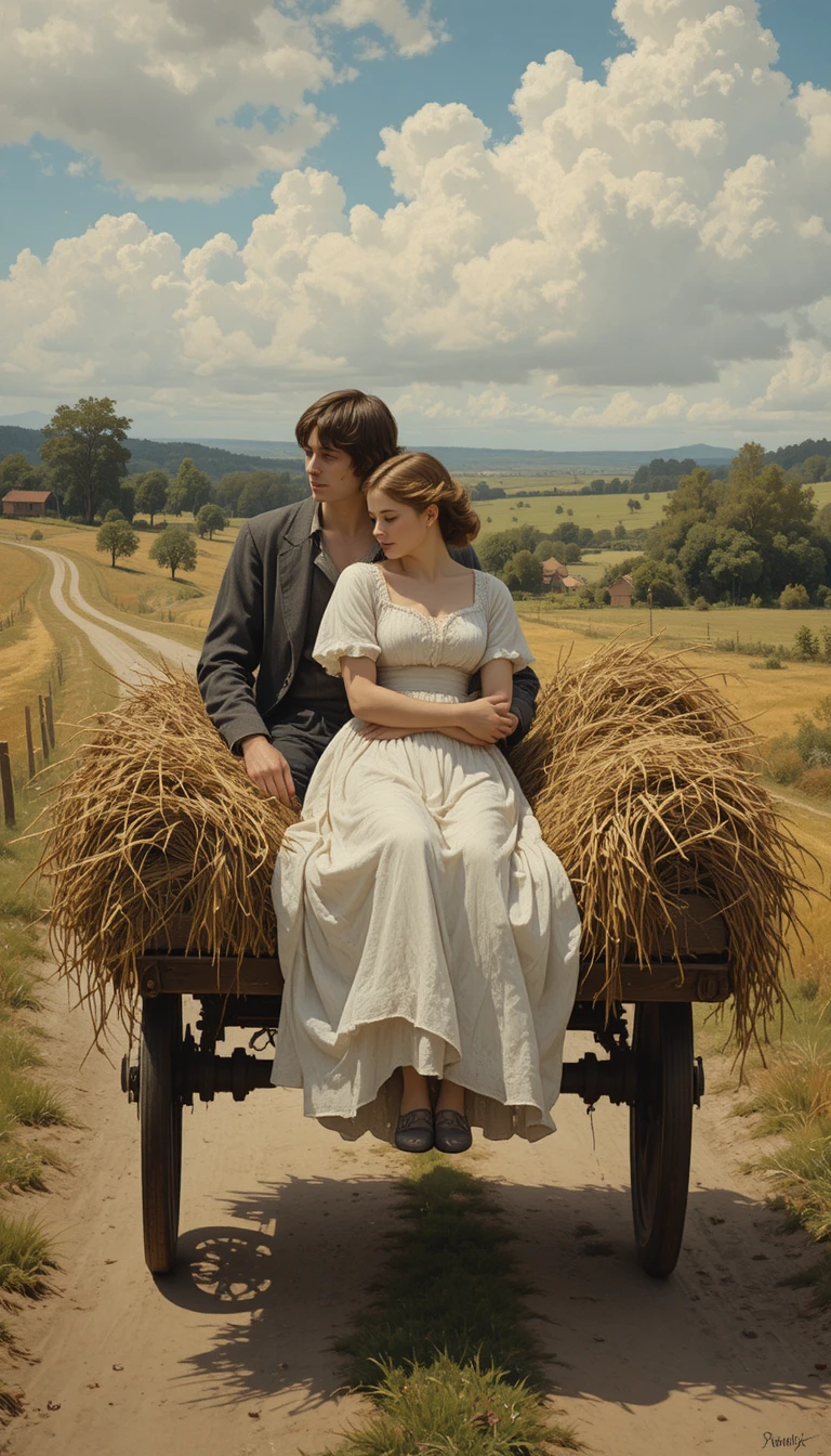Romantic couple on hay cart along a quiet country road