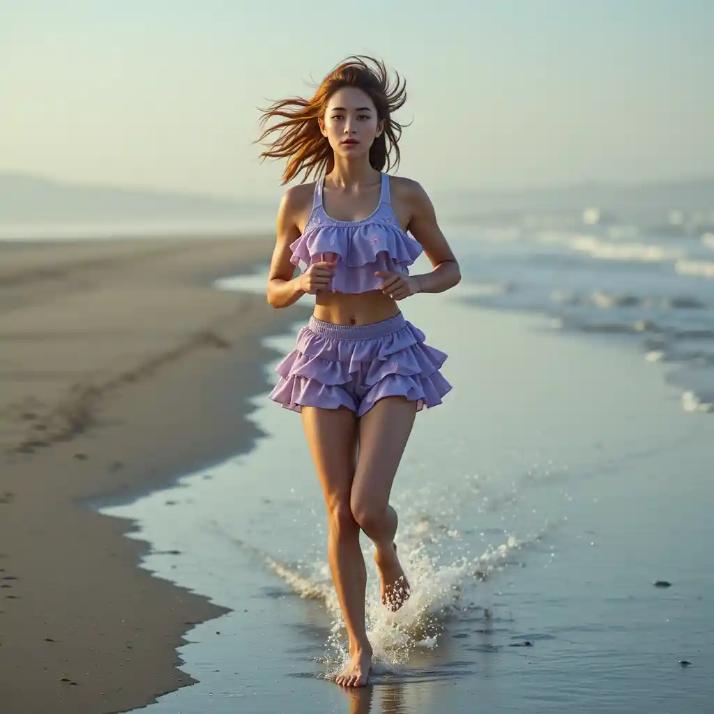 Korean woman running barefoot along a misty dawn shoreline