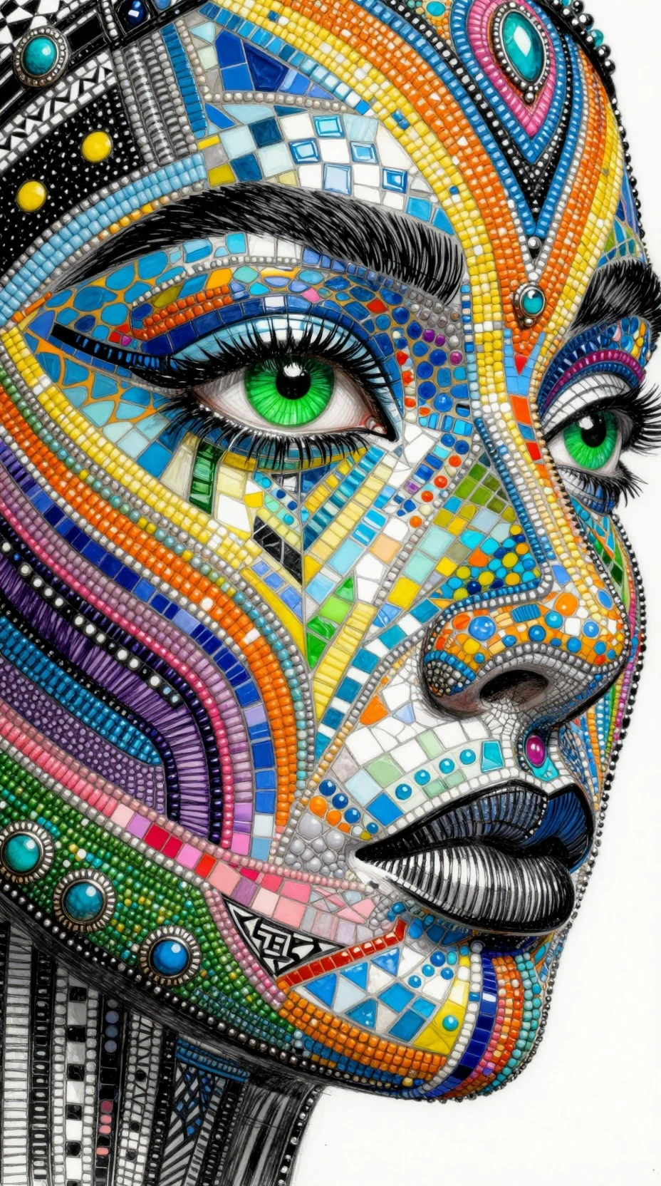 Gros plan extrême d’un visage humain en mosaïque avec œil vert vif
