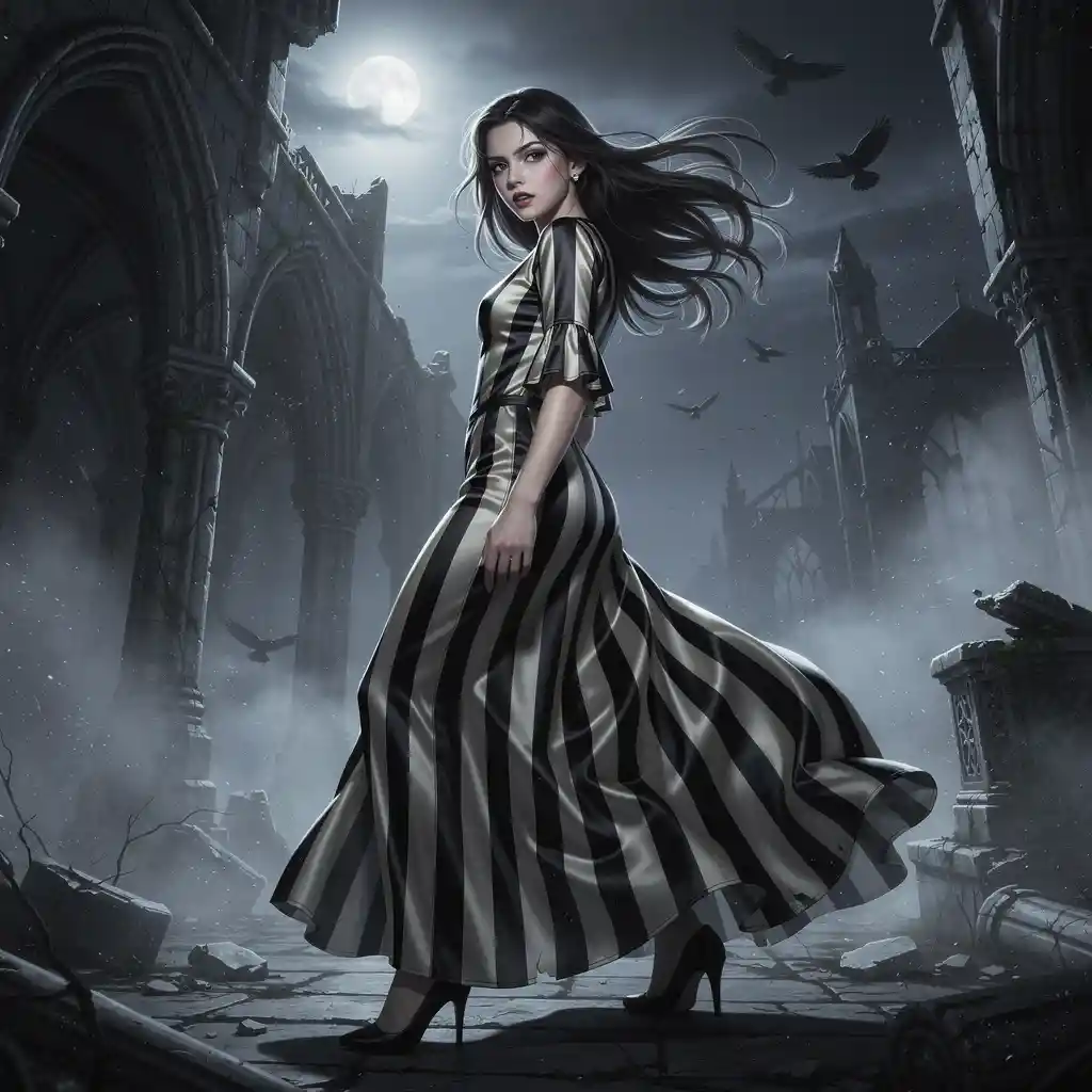 Giovane donna in abito a righe sotto archi gotici al chiaro di luna