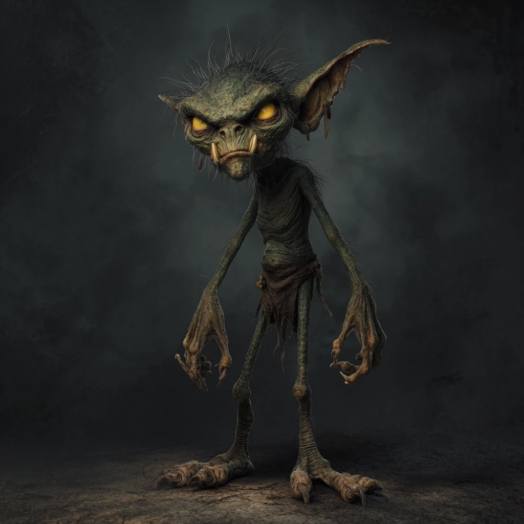 Grotesque forest goblin with twisted limbs in dark woods