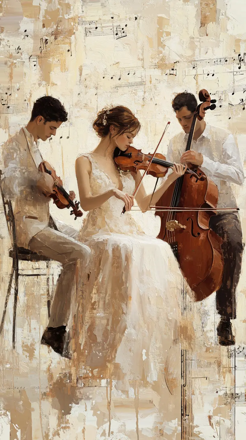 Romantic painting of three string musicians performing together