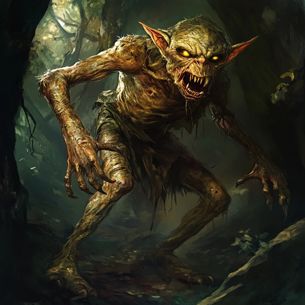 Grotesque forest goblin with twisted body and claws